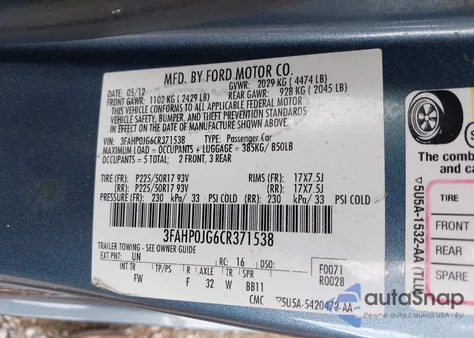 2012 Ford Fusion Sel z USA, uszkodzony, nr VIN 3FAHP0JG6CR371538